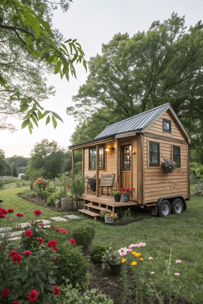 Tinyhousemovement A photo of a serene garden scene featuring a wooden cabin like structure with a light brown exterior situated in a garden setting with various potted plants and a lush array of flowers including red pink and yellow blooms as well as some green shrubs The cabin is surrounded by a variety of plants and the background is filled with a mix of trees and an open soft light filtering through The sky is a muted pale hue