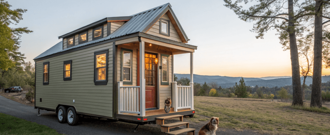 tiny house on wheels with a dog outside