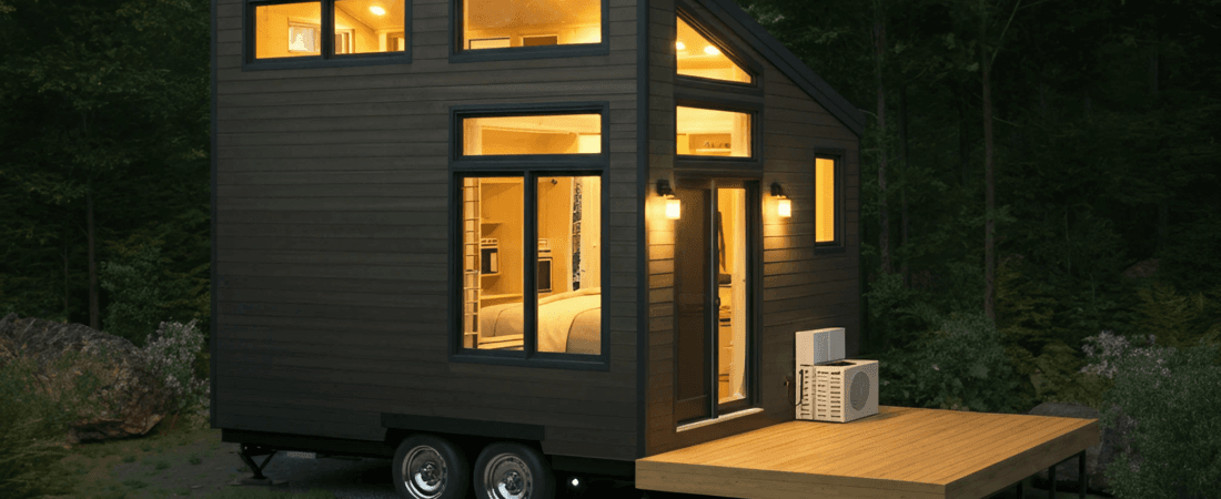 tiny house in the outdoors with lights