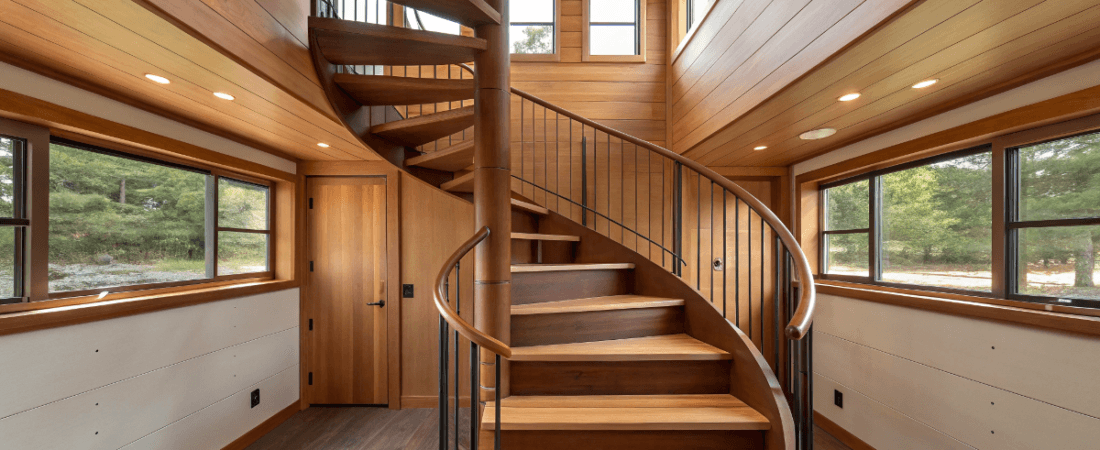 tiny house spiral staircase made out of wood