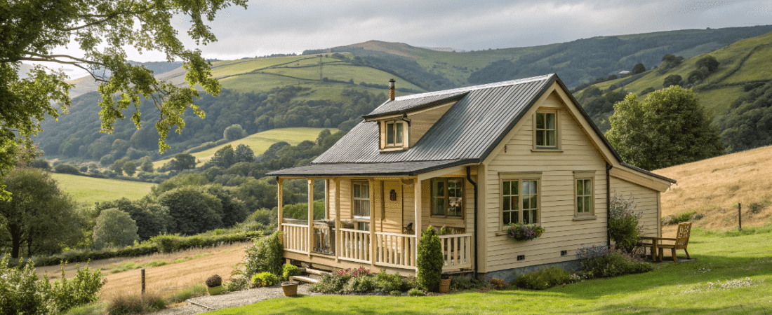 A photo of a serene countryside scene featuring a quaint light colored wooden house with a porch and multiple windows nestled on a lush green hillside The house is surrounded by well maintained greenery including potted plants and shrubs The rolling hills extend into the distance creating a picturesque valley The sky is partly cloudy The image is a photo with a realistic depiction of a rural dwelling and its environment The colors are natural and vibrant