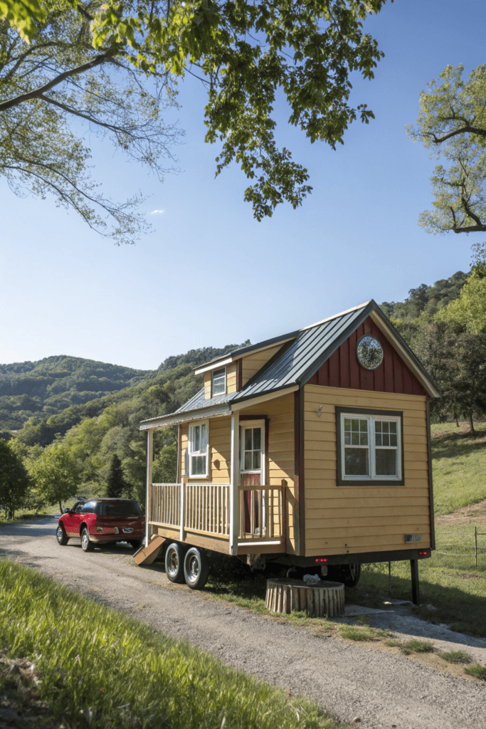 Tinyhousewithwheels A photo of a small single story wooden house in a rural setting The house is primarily yellow with a brown roof and trim and it is situated on a gravel road with a natural outdoor environment in the background A red car is parked nearby The scene is a rural countryside setting with a clear blue sky a well lit day and a serene natural environment The image style is a realistic photograph with a focus on the house and its surroundings