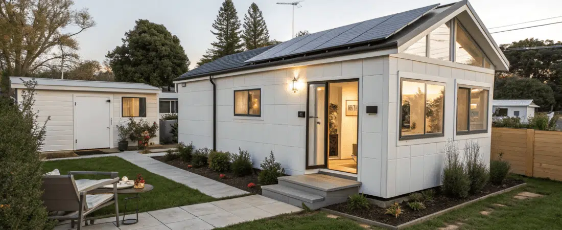 tiny smart home with solar panels on roof