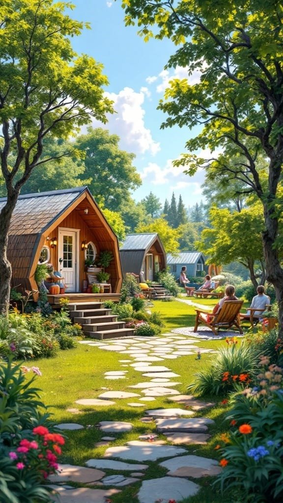 Tiny_house_community_living A serene community of tiny houses surrounded by greenery and flowers with people enjoying the outdoors