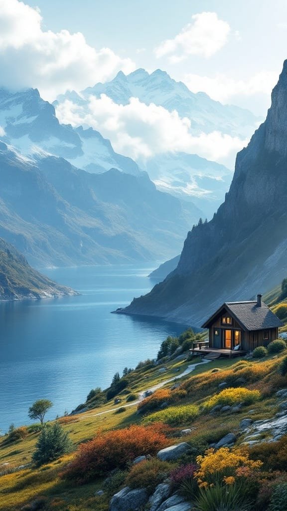 Tiny_house_retreats_in_nature A cozy tiny house near a lake with mountains in the background surrounded by colorful vegetation