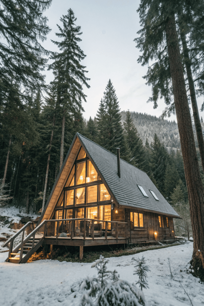 Tyehaus cabin Tye Haus is a picture-perfect A-frame cabin tucked away in the heart of Washington’s lush evergreen forests. Its steeply pitched roof draws the eye skyward, cutting a striking silhouette against the backdrop of towering pine trees dusted in snow. The rustic wood exterior gives the cabin a naturally weathered charm, blending it seamlessly with the serene woodland surroundings.Large windows stretch across the front of the cabin, inviting natural light inside by day while offering glimmers of the warm, golden glow from within as dusk settles in. These windows serve as a canvas for the snow-covered forest outside, creating a vivid connection between the cozy interior and the peaceful winter wonderland beyond.Snow blankets the ground in a soft, unbroken layer, muffling all the sounds and adding to the profound sense of stillness. The roof, too, is crowned with thick, powdery snow, further enhancing the storybook-like appeal of Tye Haus. The air is crisp, the landscape quiet aside from the occasional rustle of wind through the pines, and every moment feels like a step into another world, far removed from the bustle of daily life.Inside, the cabin radiates warmth, its inviting atmosphere promising respite from the chilly weather. Gentle light pours out through the windows, hinting at crackling fires, cozy blankets, and moments of pure relaxation. Whether you're gazing out at the snowy expanse or nestled up inside, Tye Haus embodies the essence of a secluded retreat, wrapped in nature’s tranquility and the magic of a winter haven.
