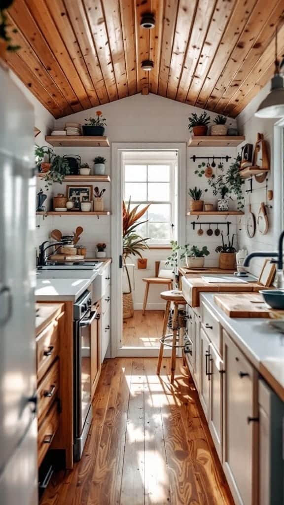 Utilizing_small_spaces_efficiently Cozy kitchen in a tiny house with wooden ceiling and plants on shelves