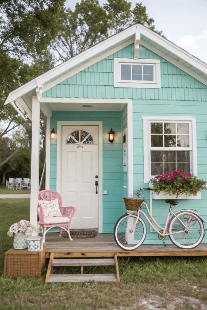 Vintage inspired tiny home A pastel colored tiny home with a retro vibe complete with teal siding white trims and a classic 1950s inspired door The image features antique inspired outdoor furniture and a vintage bicycle with a basket of flowers leans against the house for added charm