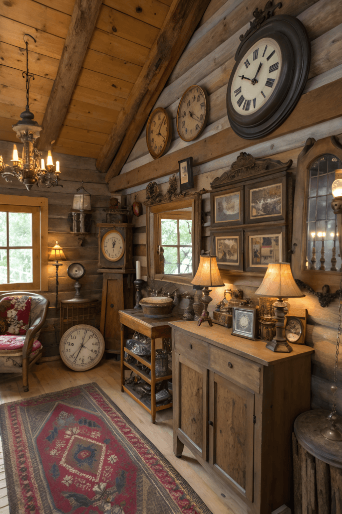 Vintage items vintage items like old clocks in a cozy wooden cabin