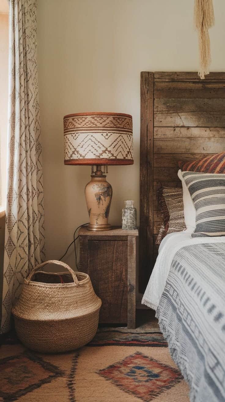 Vintage_accents_in_modern_spaces Cozy boho bedroom with vintage accents featuring a wooden headboard patterned pillows and a unique lamp