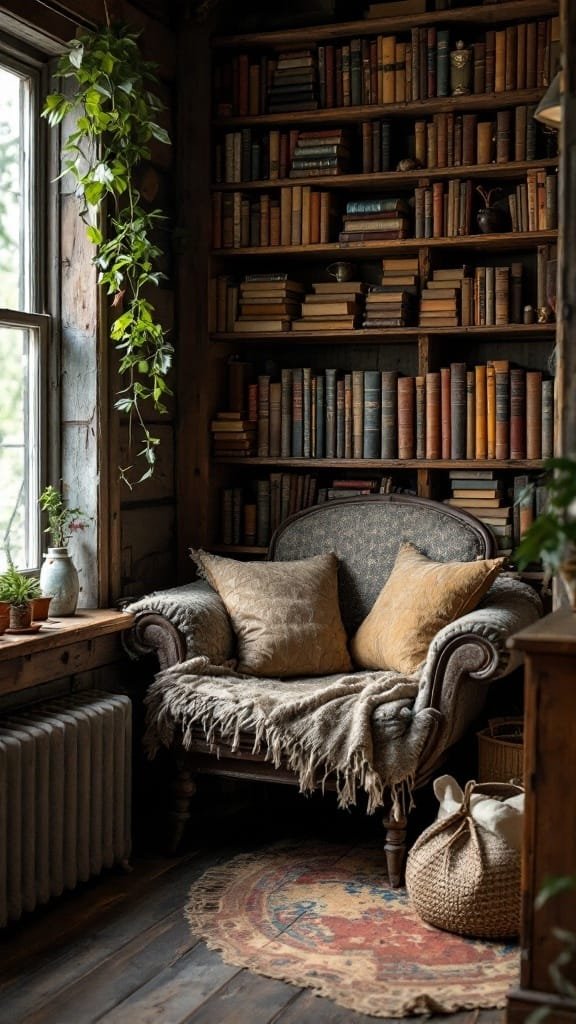 Vintage_books_and_reading_nooks A cozy reading nook with vintage books a comfortable chair and soft pillows in an antique cabin
