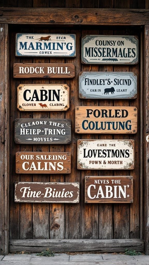 Vintage_cabin_signs A collection of vintage cabin signs displayed on a wooden wall