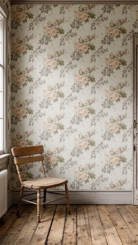 Vintage_cabin_wallpaper Vintage floral wallpaper with a wooden chair in a cabin setting