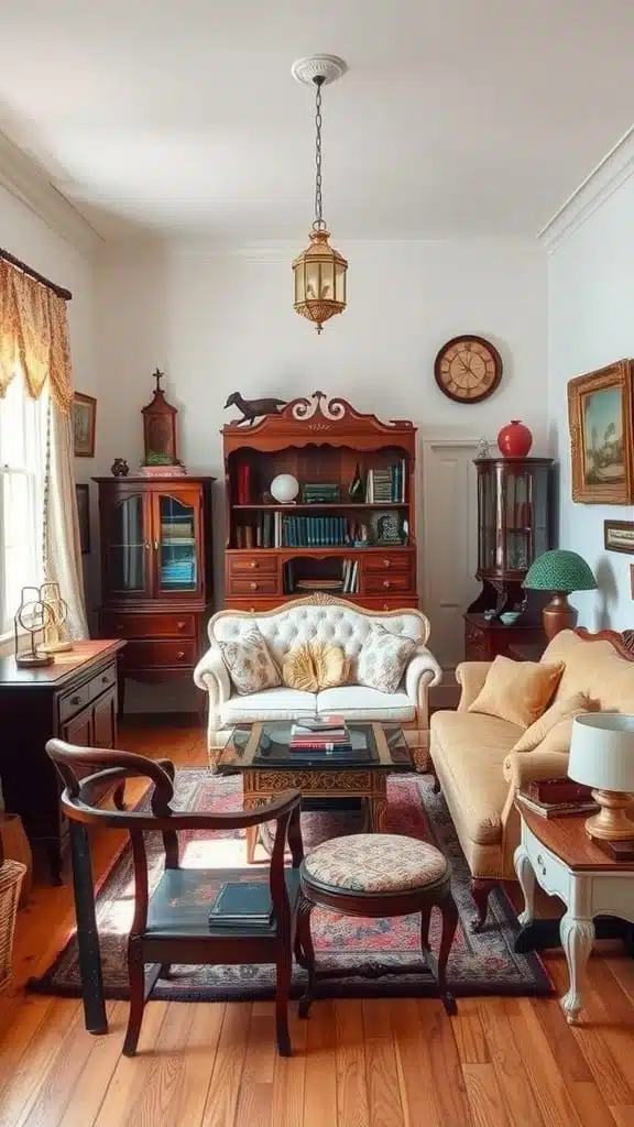 Vintage_charm_with_antiques Cozy vintage living room with antique furniture and decor