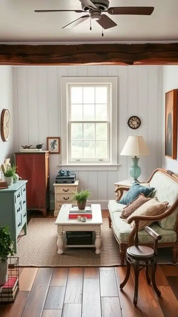 Vintage_furniture_and_whimsical_accessories A cozy tiny cottage living room featuring vintage furniture and whimsical accessories