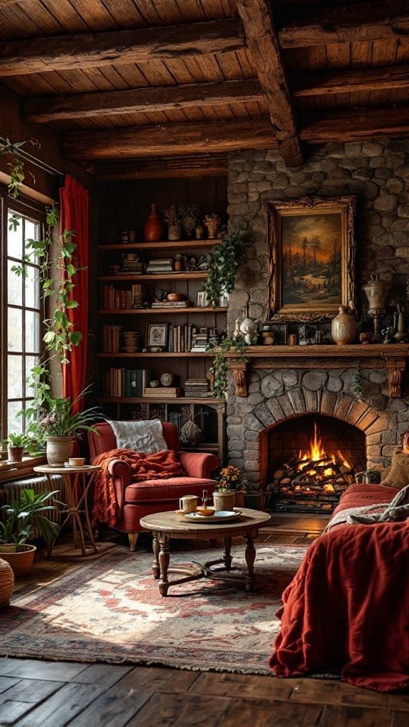 Warm_color_palette_in_decor Cozy cabin interior featuring warm color palette with red accents stone fireplace and rustic decor