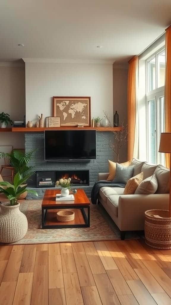 Warm_earth_tones_for_a_cozy_feel Cozy living room with warm earth tones featuring a plant a coffee table and a comfortable sofa