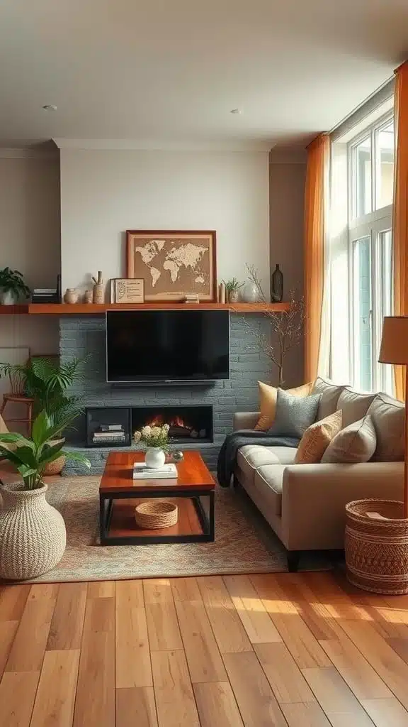Warm_earth_tones_for_a_cozy_feel Cozy living room with warm earth tones featuring a plant a coffee table and a comfortable sofa