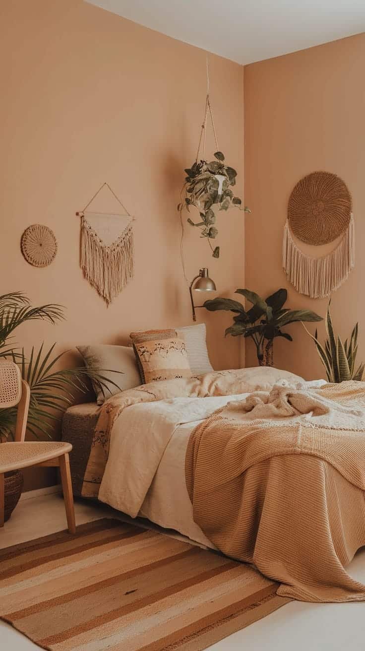 Warm_earthy_tones_for_tranquility Cozy small boho bedroom with warm earthy tones including terracotta walls natural materials plants and a striped rug