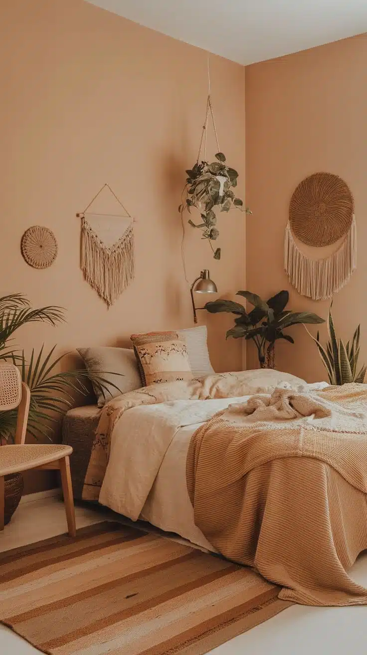 Warm_earthy_tones_for_tranquility Cozy small boho bedroom with warm earthy tones including terracotta walls natural materials plants and a striped rug
