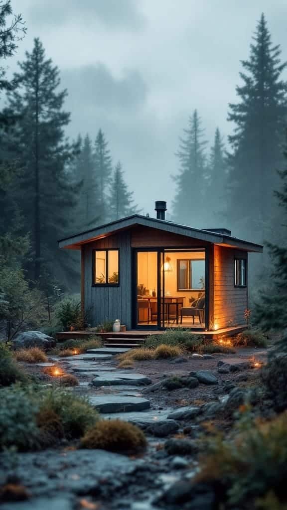 Water_conservation_techniques A tiny house in a misty forest surrounded by trees