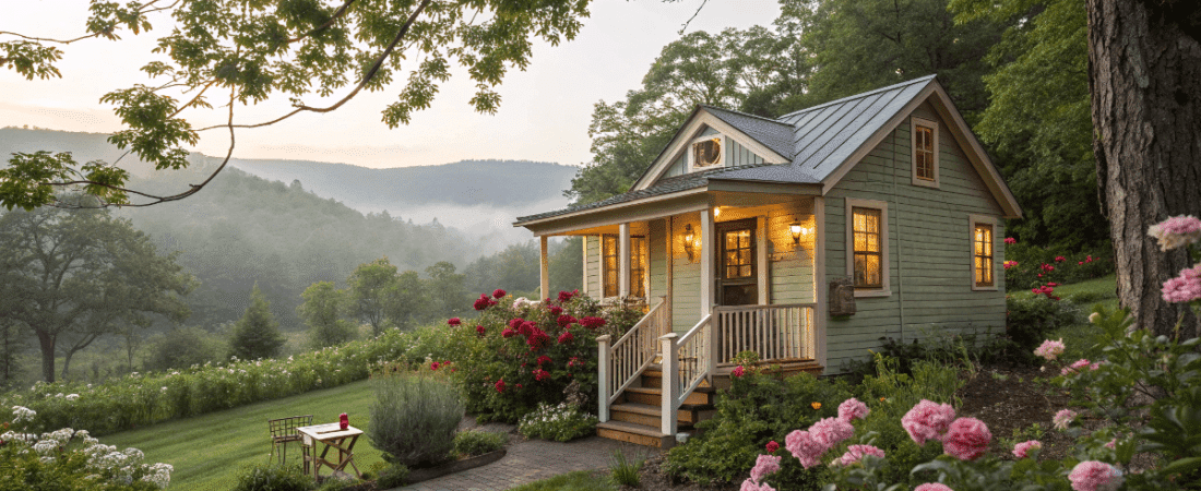 A serene rural scene featuring a picturesque landscape with a light green cottage style house nestled in a garden setting The house with a wooden exterior is surrounded by vibrant flowers and lush greenery including a variety of shrubs and a well maintained lawn The landscape extends into a range of mountains partially obscured by a gentle fog and the sky has a soft hazy quality The lighting is warm with the sun casting a soft glow
