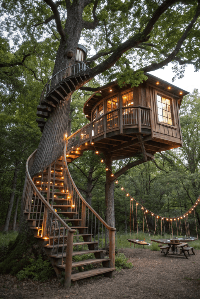 Whimsical treehouse A magical treehouse suspended among tall oaks with a spiral staircase winding up one of the trunks Bright fairy lights twinkle along the rope bridge leading to the entrance and large windows reveal a cozy loft inside Rope swings and a small deck complete the enchanting vibe
