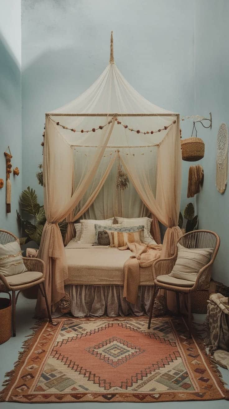Whimsical_canopy_bed_setup A small cozy boho bedroom featuring a whimsical canopy bed surrounded by plants and a patterned rug