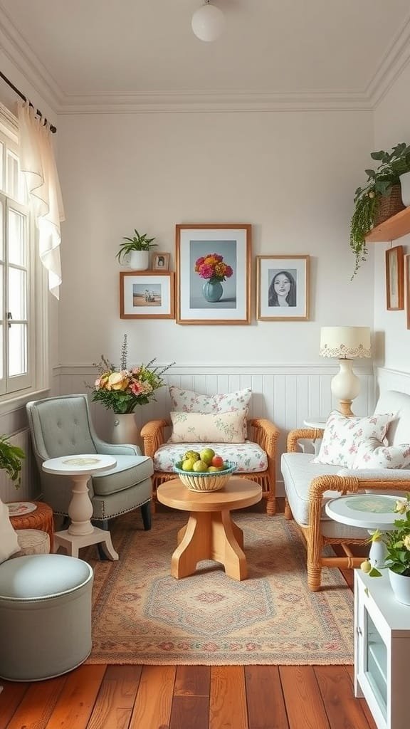 Whimsical_cottage_accents_1 Cozy cottage living room with floral cushions wooden furniture and plants