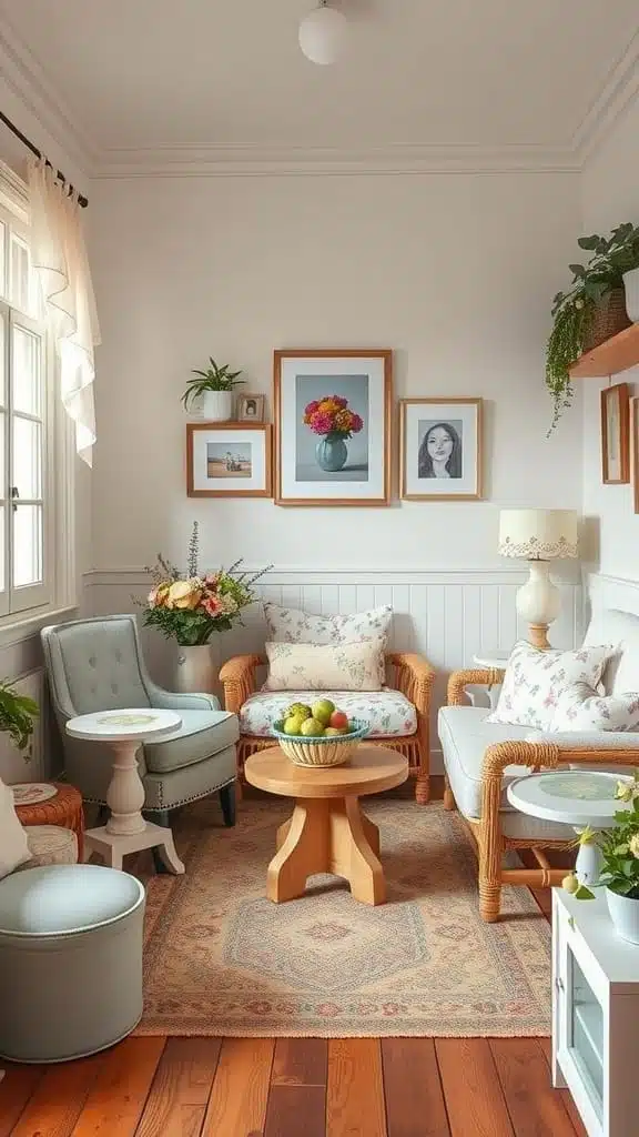 Whimsical_cottage_accents_1 Cozy cottage living room with floral cushions wooden furniture and plants
