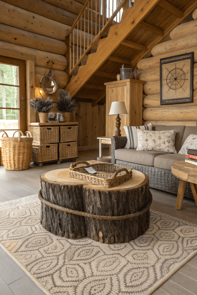 Wicker accents wicker baskets in a cozy cabin