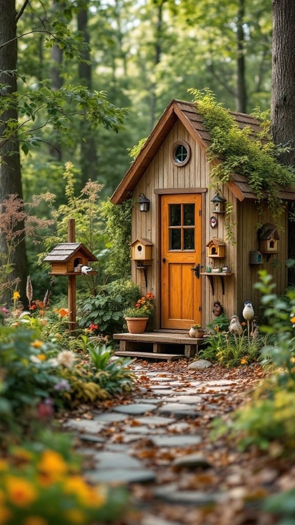 Wildlifefriendly_tiny_homes A cozy wooden tiny house surrounded by colorful flowers and trees with birdhouses nearby