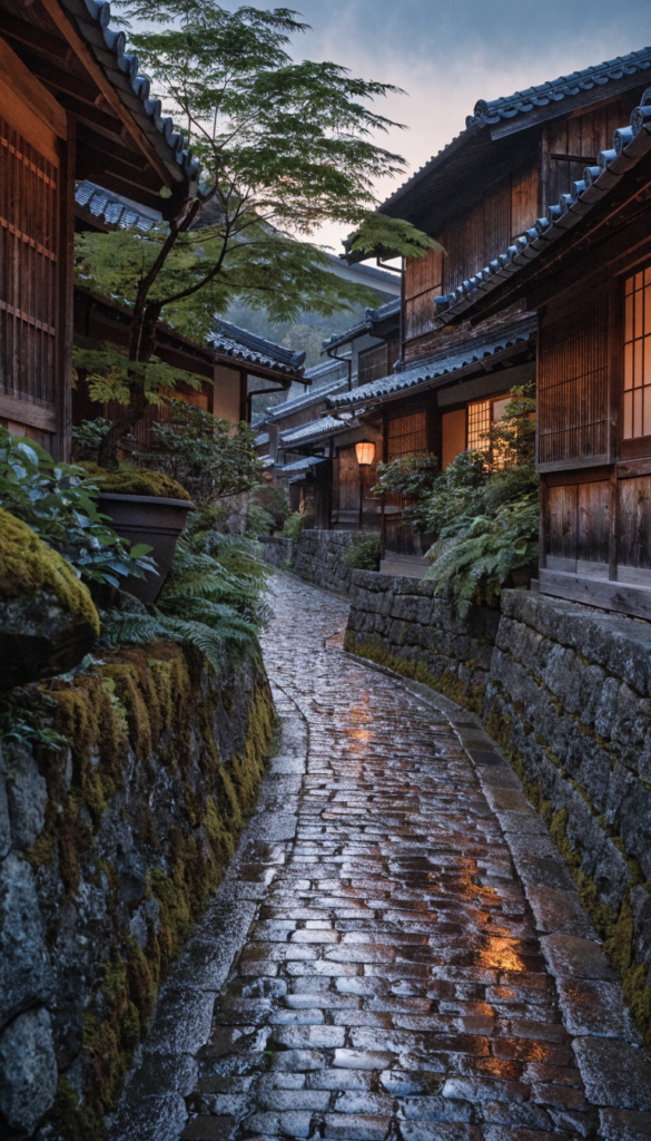 Cobblestone pathway Narrow wet cobblestone alley between traditional wooden houses with warm lantern light and mossy stone walls after rain