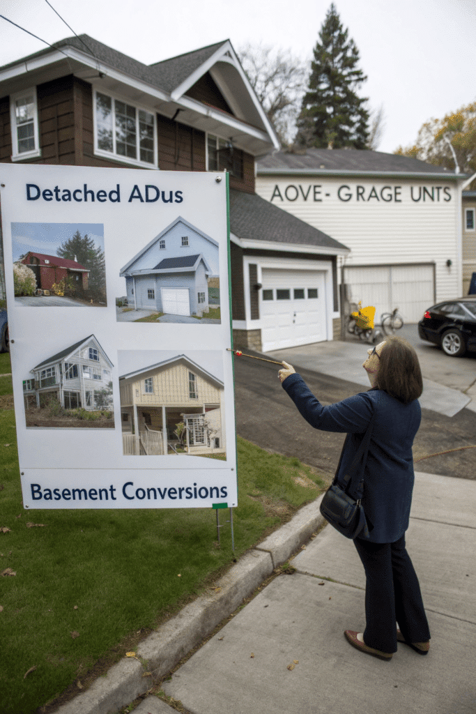 Diagram of adu types A photo of a woman examining a signboard for a detached ADus Basement Conversions advertisement The woman of Caucasian ethnicity with a shoulder length haircut and dressed in a dark colored outfit is pointing at the signboard with a focused expression The signboard is prominently displayed on the side of the road showcasing images of various detached ADus Basement Conversions The background includes a residential house with a garage and a residential structure with a distinct architectural style