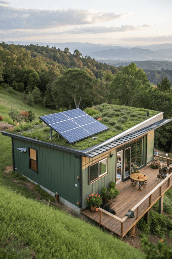 Ecofriendly adu design A photo of a modern eco friendly house situated on a hillside with a view of the surrounding landscape The house is predominantly green and features a flat roof covered with solar panels and a green exterior The structure is supported by a wooden decking area which is furnished with a wooden table and several potted plants The photo captures the house from an elevated angle showcasing the verdant surroundings and the expansive view of the distant mountains and the gentle undulation of the landscape The sky is partly cloudy