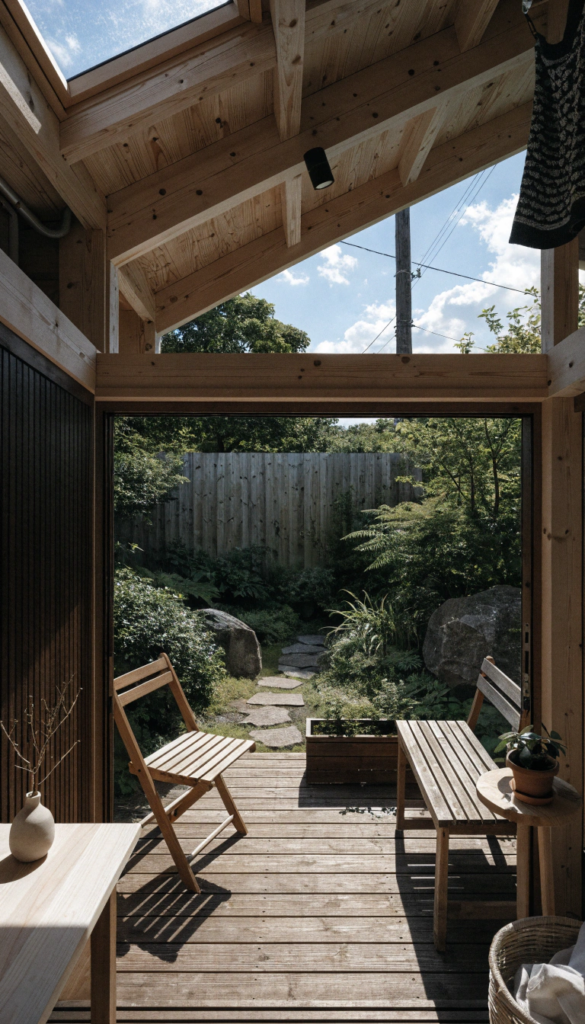 Inside view japanese tiny home Sunlit wooden patio opening to a garden with a stone path surrounded by plants and a wooden fence two chairs and a small table in view