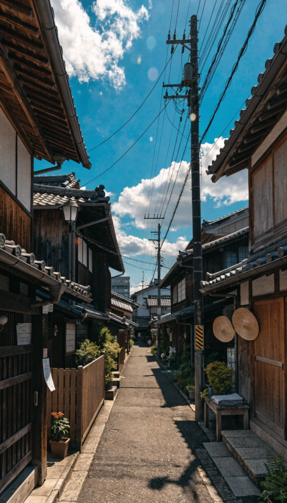 Japanese street Narrow Japanese street lined with traditional wooden houses hanging hats potted plants and overhead power lines under a bright blue sky with clouds