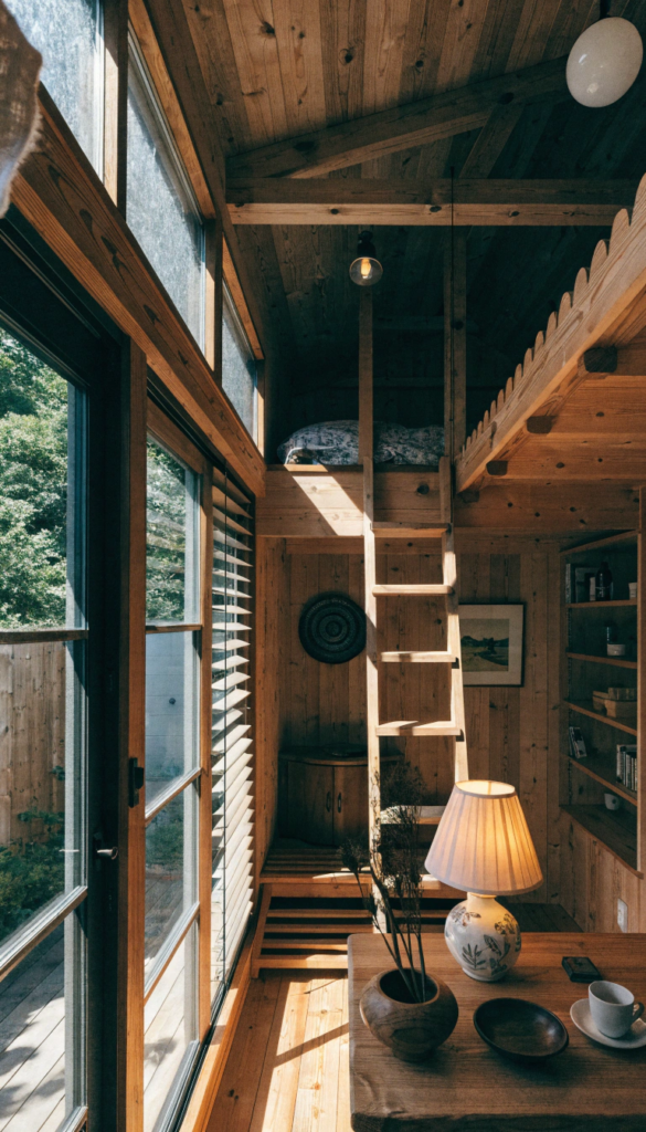 Light interior Cozy wooden cabin interior with loft bed ladder and large windows letting sunlight fill a desk area
