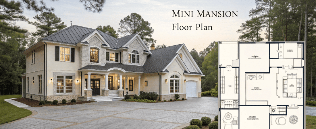 A photo of a well designed mini mansion with a floor plan illustration on the right The mansion is painted in a light beige color scheme and is surrounded by a well maintained landscaped area with a curved driveway and a variety of shrubs and greenery The floor plan in a detailed black and white drawing shows the layout of the rooms and their respective functions The style of the image is a photo realistic representation of a residential architectural design