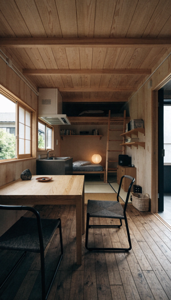 Minimalist japan Cozy wooden studio with a dining table two chairs a kitchenette and a loft bed with a ladder warm floor lamp nearby