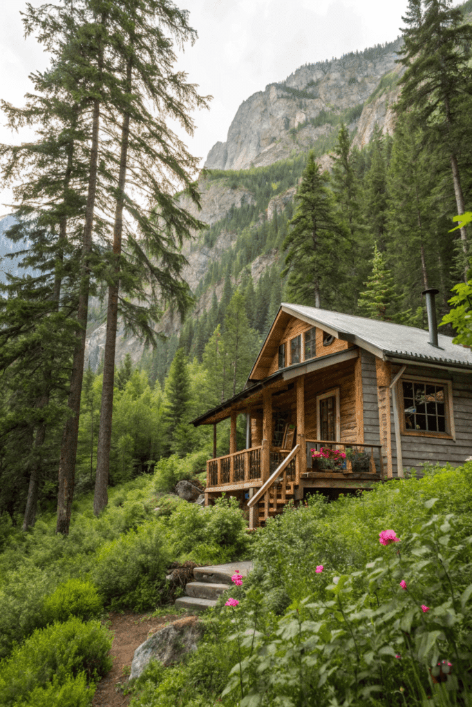 Serene off grid cabin in nature An image of a picturesque off grid cabin nestled in a lush forest or on a mountainside showcasing the harmony between the cabin and its natural surroundings