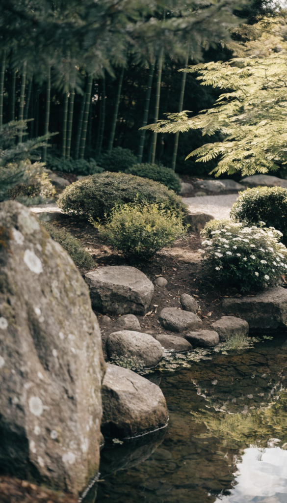 Stones Tranquil Japanese garden with large rocks rounded shrubs and a calm pond along the edge of a stone path A bamboo grove is visible in the background