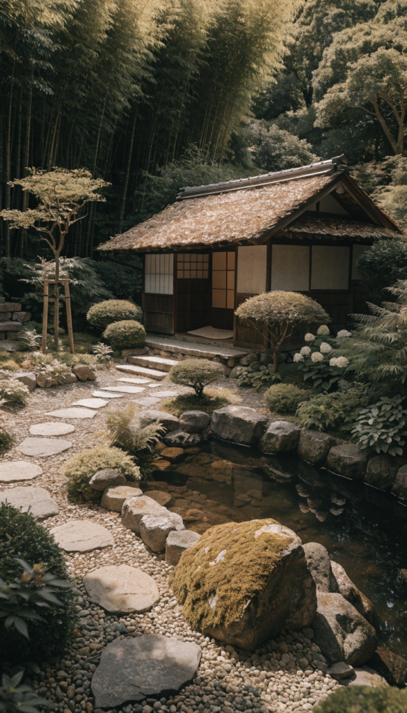 Tranquil tiny home Traditional Japanese cottage with a thatched roof surrounded by a manicured garden stone path and a small pond