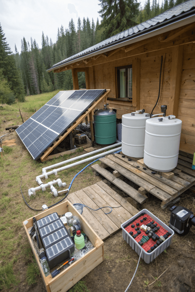 What is an off grid cabin kit A detailed image showing the various components included in an off grid cabin kit such as solar panels water collection systems and pre cut materials