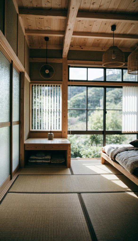 Wooden beam A cozy Japanese style room with tatami mats wooden beams and a low bed by large windows overlooking greenery