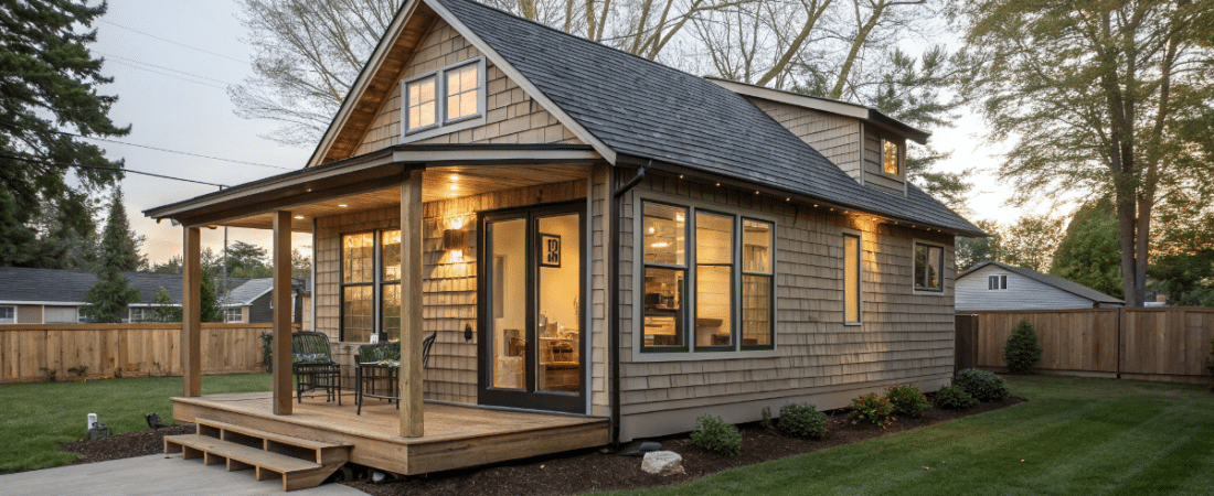 A photo of a modern single story house during dusk showcasing a wooden exterior with a combination of light and dark tones The house features a wooden facade a sloped roof and large windows that allow a warm inviting glow to shine through The surrounding area includes a well manicured lawn some small shrubs a sturdy wooden fence and mature trees in the background The lighting is soft and diffused casting a gentle glow The style of the image is a photograph