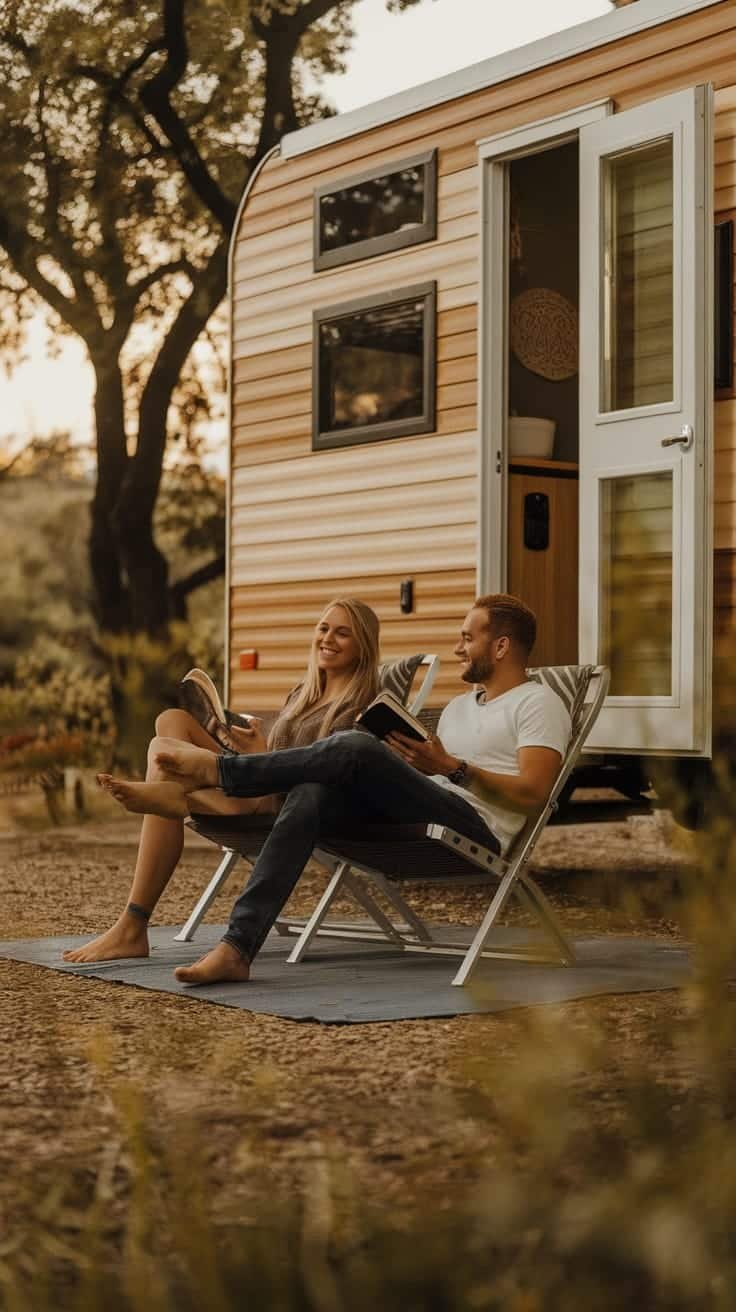 Adapting_to_life_in_a_tiny_house A couple relaxing outside their tiny house camper while reading books