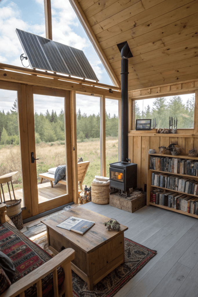 Advantages of off grid cabin An image showing the cozy and functional interior of an off grid cabin highlighting sustainable features and personalized design elements