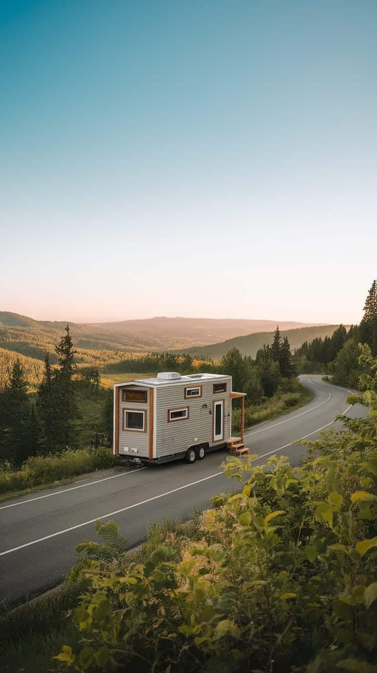 Adventures_in_tiny_house_road_trips A tiny house camper parked on a winding road surrounded by trees and hills