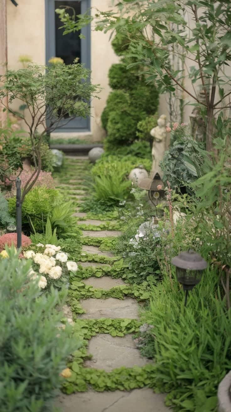 Alluring_pathways_in_small_gardens A charming stone pathway surrounded by vibrant green plants in a small garden